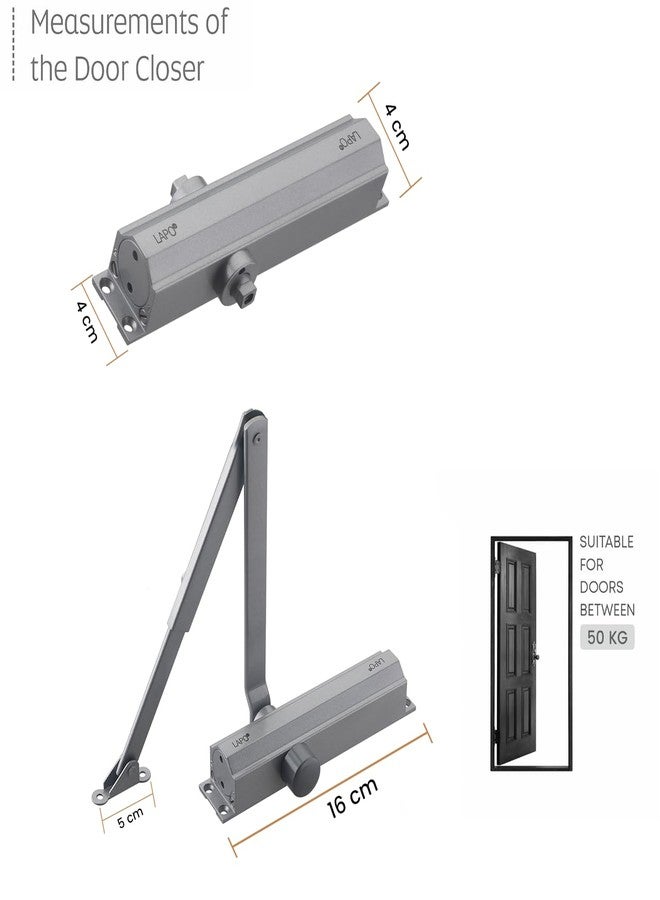 LAPO جهاز إغلاق أبواب أوتوماتيكي هيدروليكي مزدوج السرعة من الألومنيوم شديد التحمل من لابو للمنزل والمكتب | أجهزة إغلاق أبواب خشبية ناعمة مع مجموعة تركيب لجميع أوزان الأبواب حتى 50 كجم (لون فضي) - Image 5